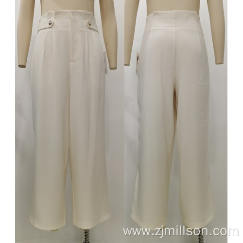 Office Lady Waist Button Design Wide Leg Pants